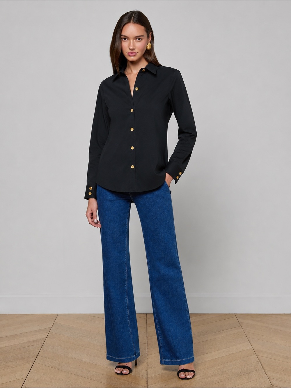 St. John Sport Marie Gray Velour Gold Button Button-Up Shirt Black Women Size S